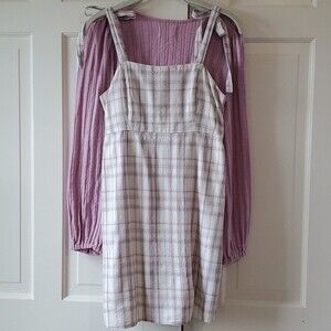 HOLLISTER PLAID COTTON SHEATH DRESS WHITE LAVENDAR ADJUSTABLE TIES SUMMER
